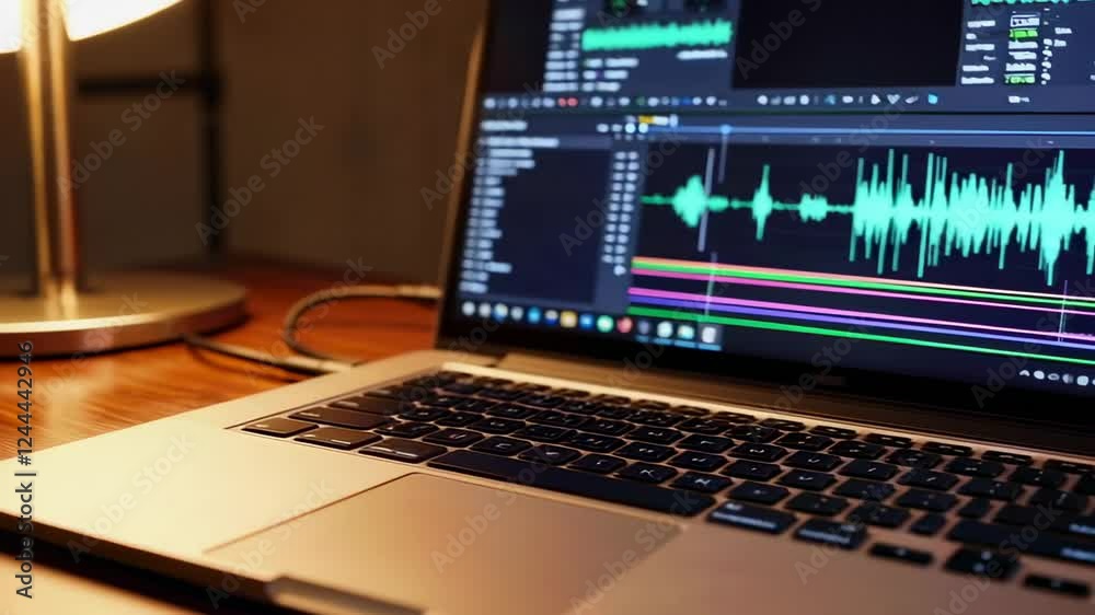 Poster warm light illuminates laptop screen displaying audio editing software with waveform, headphones res
