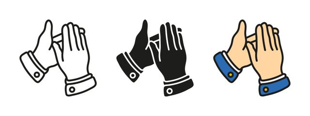 Clapping hands icon. Applause hand gesture vector illustration. Cheering symbol. Appreciation pictogram. Hands clapping isolated concept in three different styles. Outline, black and colored hands.