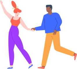 Interracial couple holding hands and walking, woman waving, promoting gender equality, diversity and inclusion, love and relationship concept