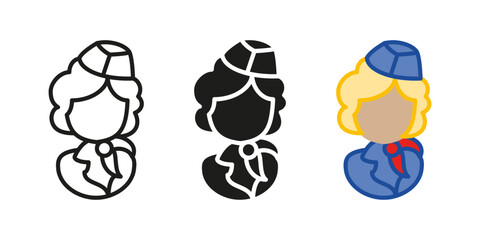 Air hostess icon. Stewardess uniform vector illustration. Flight attendant female character symbol. Airline service woman sign. Plane aviation assistant pictogram. Pilot aviation crew. Travel worker.