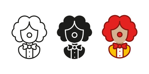 Clown icon. Circus joker vector illustration. Comic clown wig with red nose carnival costume symbol. Comedian character uniform sign. Jester performance pictogram. Clown comedian artist person mascot.