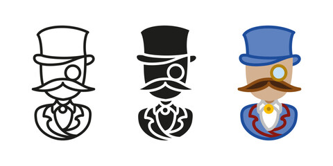 Gentleman person icon. Aristocrat character. Elegant vintage style dandy costume. Noble lord suit vector illustration. Retro cylinder and eyeglass monocle male portrait. Victorian classic clothing.