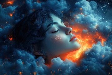 A serene face emerges from vibrant, cosmic clouds, evoking a dreamlike atmosphere.