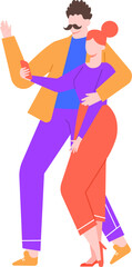 Young couple enjoying a moment together, taking a cheerful selfie with a smartphone while waving and smiling, man embracing woman in a colorful vector illustration on a white background