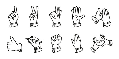 Hand gesture sign icon set. Hands and fingers gestures vector illustration collection. Human finger signals. Index finger, raised up fist, OK or Yes sign, clapping hands, like or thumb up expressions.