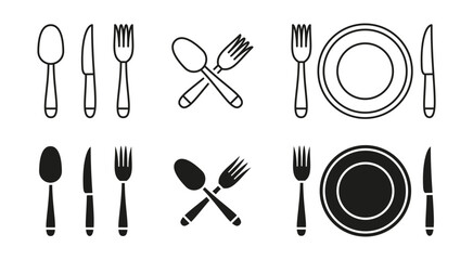 Fork, spoon and knife icon set. Cutlery with plate vector illustration. Eatery or cafe menu symbol. Dinner and culinary tableware. Restaurant flatware sign. Breakfast and lunch pictogram. Meal concept