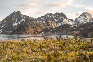 A mountain landscape in Norway at sun down. 