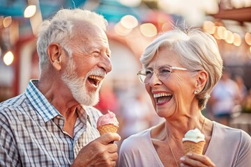 An elderly happy couple of retired lovers laugh and eat ice cream in the park on a summer day. Retirement.