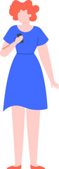 Redhead woman holding a smartphone close to her chest, dressed in a stylish blue dress and vibrant red shoes, standing confidently in a modern flat illustration on a white background