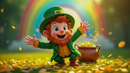 AI-generated image of a 3D animation-style leprechaun celebrating St. Patrick's Day with a rainbow and pot of gold