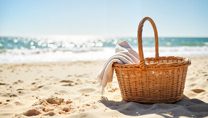 Woven picnic basket on sandy beach at midday, summer relaxation