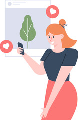 Young woman taking pictures of trees with mobile phone and posting them on social media, getting likes and positive feedback from followers, sharing moments and appreciating nature