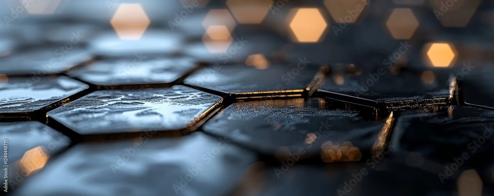 Poster 3d rendering of a hexagonal shape with a dark blue textured background