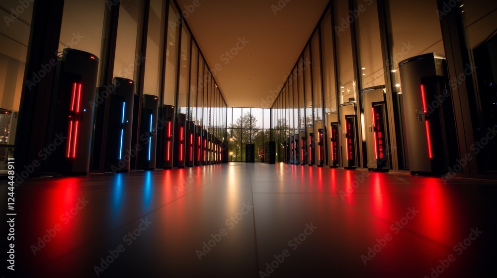 Poster a shot showcasing a data center with numerous rows of fully operational server racks. this modern te