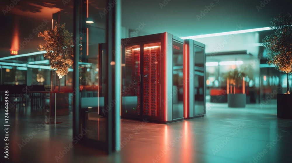 Poster a view of a data center featuring multiple rows of active server racks. the scene, highlighting mode