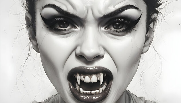 volto di donna vampiro in bianco e nero con la bocca spalancata, zanne e sguardo feroce, Black and white vampire woman face with mouth wide open, fangs and fierce gaze