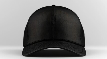 Black baseball cap with sleek design on plain background, ideal for fashion promotions