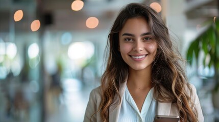 Obraz premium Businesswoman in formal wear, Hispanic, happily using her smartphone at her workstation