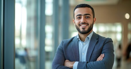 Obraz premium Confident man standing in modern office environment with professional demeanor