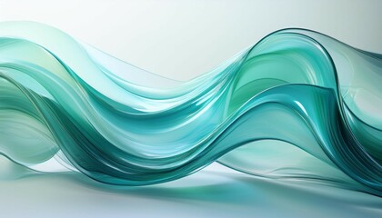 blue green wave shape made of textured glass glass shape in motion weaving and swirling artistic softly on pale grey white background abstract backdrop for business industry research and luxury