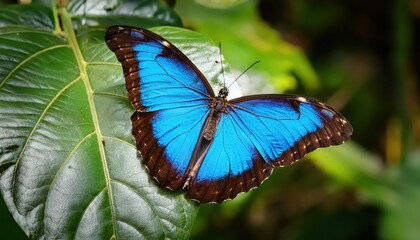 Stunning Blue Morpho Butterfly in lush Costa Rican Rainforest, showcasing iridescent wings and delicate texture, captured in vivid detail.
