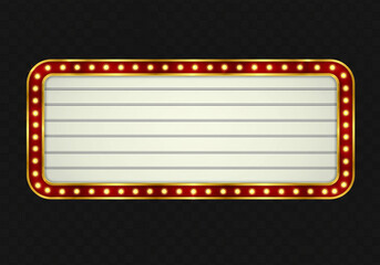 Retro marquee sign with lights, featuring a large blank space for custom messages, framed by a red and gold border. Isolated on transparent background, png.
