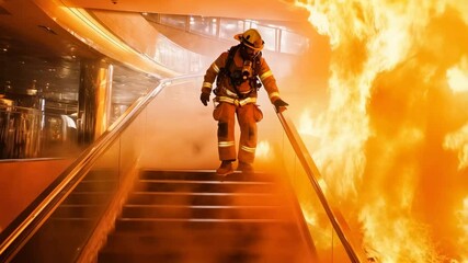 Firefighter wearing full protective gear walking down stairs in smoke filled building during fire emergency, demonstrating bravery and commitment to duty