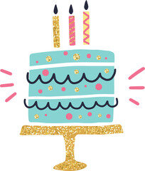 Turquoise birthday cake featuring three lit candles, resting on a golden stand, boasts delightful pink and gold sprinkles along with wavy frosting, perfect for celebrations
