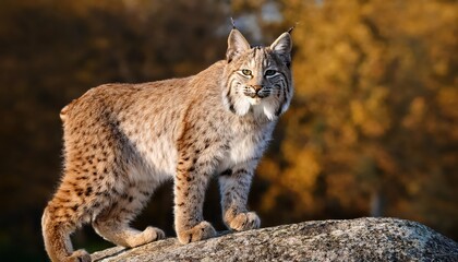 Wild Bobcat Gracefully Perched on a Rocky Outcrop in a Serene Wilderness, Capturing the Majestic Beauty of North American Wildlife.