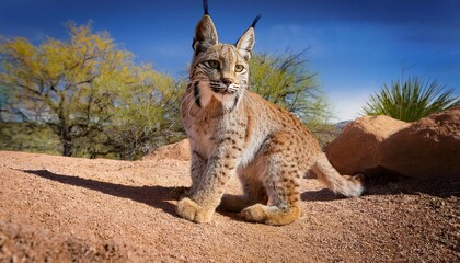 Vibrant Closeup of a Bobcat in ArizonaSonora Museum Exhibit, Showcasing its Majestic Stripes and Detailed Fur Texture, Set Against the Background of an Ancient Artifact Display.