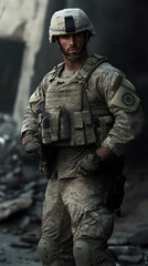 Obraz premium A U.S. Army soldier standing guard, eyes alert and watchful, in a desolate urban battlefield.