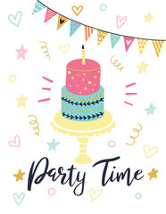 Colorful birthday cake with a lit candle sitting on a cake stand, surrounded by festive decorations and the words Party Time, creating a cheerful and celebratory atmosphere