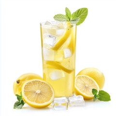 Lemonade with ice and mint isolated on white background