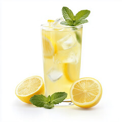 Lemonade with ice and mint isolated on white background