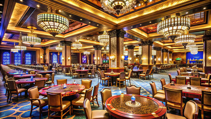 A vast dining hall features luxurious seating arrangements, ornate chandeliers, and warm lighting, creating an inviting space for social gatherings and celebrations