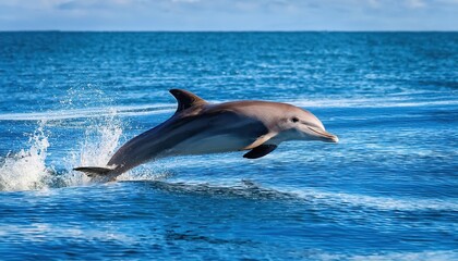 Naklejka premium Stunning Leap of the Bottlenose Dolphin, Tursiops Truncatus, in a Glistening Ocean Wave at Dawn, Showcasing Agility and Power