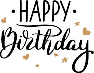Stylish black handwritten happy birthday message adorned with decorative golden hearts and stars, ideal for greeting cards, invitations, and festive designs