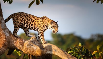 Majestic Jaguar Perched on a Tree in the Amazonian Pantanal Wetlands at Dusk, Showcasing the Wild Beauty of Brazils Wildlife © netsay