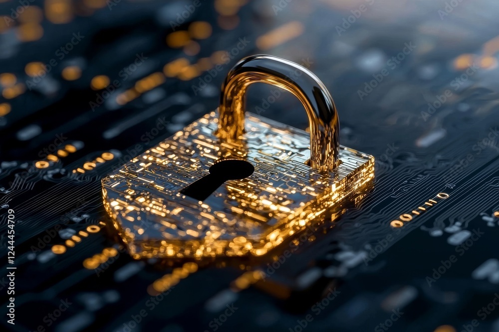 Poster cybersecurity and data privacy safeguarding illustrated with a lock against a backdrop of binary dig