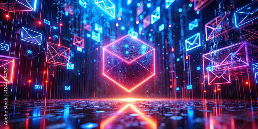 Poster a glowing envelope is surrounded by floating icons that represent online messaging. the backdrop is 