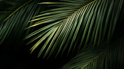 Fototapeta premium Palm Leaves in Close-up on a Black Background, Realistic