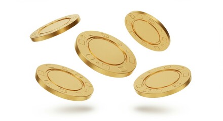 A group of golden casino chips scattered mid-air, creating a dynamic effect isolated on a white background