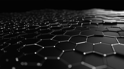 Fototapeta premium Network connection concept black background illustration. Futuristic hexagon perspective wide angle lanscape. Futuristic honeycomb concept. 3d landscape. Big data digital background. 