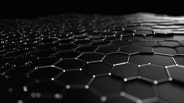 Network connection concept black background illustration. Futuristic hexagon perspective wide angle lanscape. Futuristic honeycomb concept. 3d landscape. Big data digital background. 