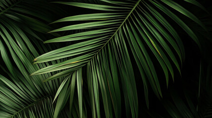Palm Leaves in Close-up on a Black Background, Realistic