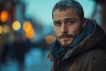 Fototapeta premium Young man standing outside with a thoughtful expression in a winter street setting