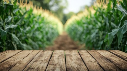 Empty wooden tabletop on a blurred cornfield background. Generated AI