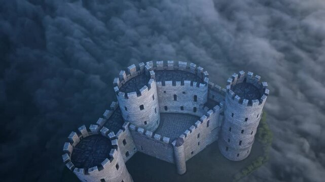 Stone fortress towers pierce morning mist. Round turrets and crenellated walls of historic stronghold emerge from ethereal fog blanket. Descending aerial perspective