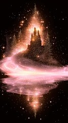   A stunning painting depicts a majestic castle floating amidst a tranquil body of water, framed by an ethereal star-filled sky