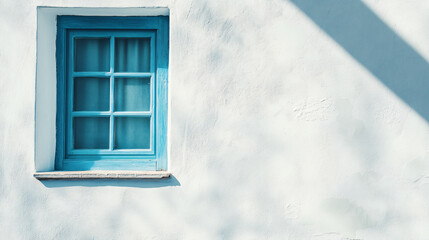 A simple white wall with a blue framed window casting a soft shadow in a minimalist Mediterranean architectural style
